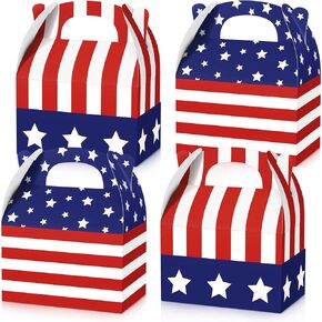 FUUTREO 24 PCS صناديق علاج وطني مع مقبض العلم الأمريكي USA Goodie Boxes استقلال يوم الرابع من يوليو صناديق الحلوى لليوم التذكاري للمحاربين القدامى