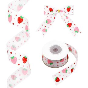 الفراولة الحمراء والوردية مع شريط البولكا دوت Grosgrain ، 1 بوصة × 10 ياردات الشريط الفواكه لأكباح الربيع والصيف ، الحرف ، حواف ، صنع القوس الشعر ، غلاف الهدايا (الوردي)