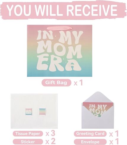 13" Large MOM Mother Gift Bag Set with Handles, Greeting Card, Tissue Papers and Stickers for Mother’s Day, Mother’s Birthday, Women’s Birthday, In My MOM Era Design, 1 Pcs in Saudi Arabia