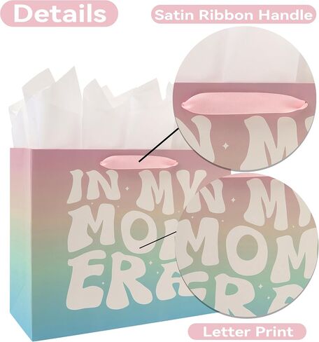 13" Large MOM Mother Gift Bag Set with Handles, Greeting Card, Tissue Papers and Stickers for Mother’s Day, Mother’s Birthday, Women’s Birthday, In My MOM Era Design, 1 Pcs in Saudi Arabia