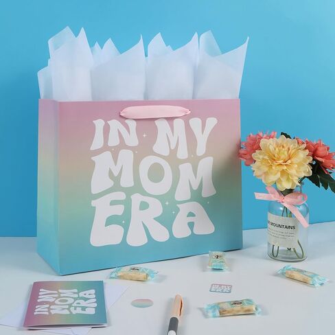 13" Large MOM Mother Gift Bag Set with Handles, Greeting Card, Tissue Papers and Stickers for Mother’s Day, Mother’s Birthday, Women’s Birthday, In My MOM Era Design, 1 Pcs in Saudi Arabia