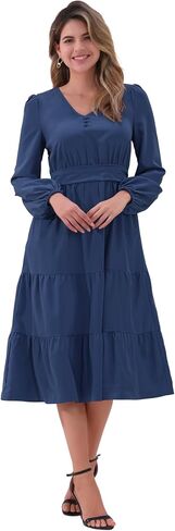 Allegra K V Neck Dress for Women's Lantern Sleeve Ruffle Flowy A-Line Elegant Casual Midi Dresses in Saudi Arabia