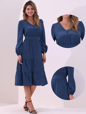 Allegra K V Neck Dress for Women's Lantern Sleeve Ruffle Flowy A-Line Elegant Casual Midi Dresses in Saudi Arabia