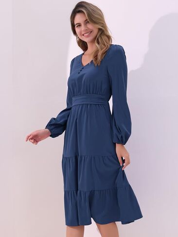 Allegra K V Neck Dress for Women's Lantern Sleeve Ruffle Flowy A-Line Elegant Casual Midi Dresses in Saudi Arabia