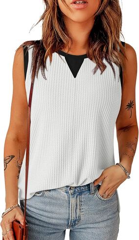 Dokotoo Tank Tops for Women Round Neck Sleeveless Waffle Knit Tops for Women Color Block Womens Tank Tops 2025 Summer in Kuwait