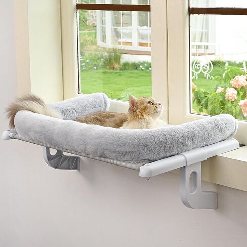 Cat Window Sill Perch with Large Bolster, Easy to Adjust & Assemble Cat Window Seat for Windowsill & Bedside, Cat Hammock Bed for Large Cats and Kittens (Grey, L) in Kuwait