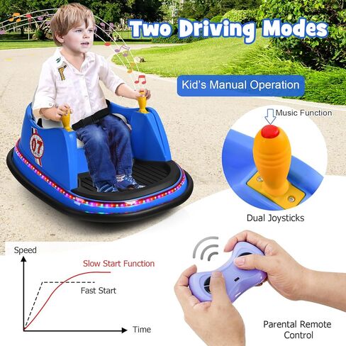 Costzon Bumper Car for Kids, 12V Battery Powered Bumping Car w/Remote Control, Dual Joysticks, 360 Degree Spin, Slow Star, Flashing Lights, Music, Electric Ride on Toy Vehicle for Toddlers (Blue) in Saudi Arabia