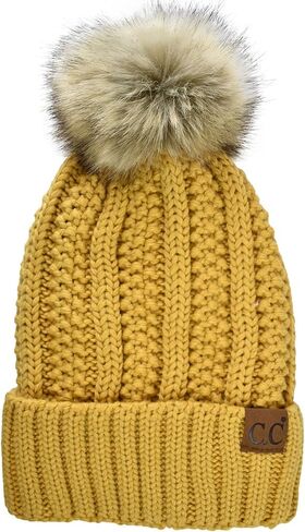 C.C Thick Cable Knit Faux Fuzzy Fur Pom Fleece Lined Skull Cap Cuff Beanie (3 Tone Blue/Purple/Grey) in Kuwait