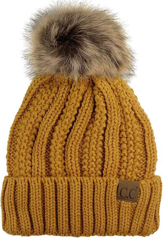 C.C Thick Cable Knit Faux Fuzzy Fur Pom Fleece Lined Skull Cap Cuff Beanie (3 Tone Blue/Purple/Grey) in Kuwait
