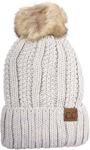 C.C Thick Cable Knit Faux Fuzzy Fur Pom Fleece Lined Skull Cap Cuff Beanie (3 Tone Blue/Purple/Grey) in Kuwait