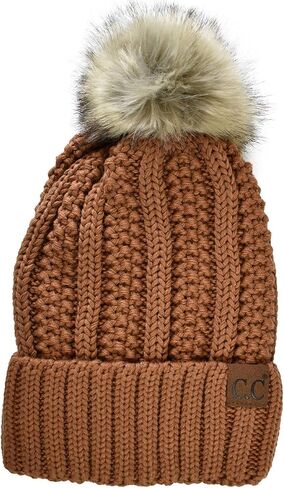 C.C Thick Cable Knit Faux Fuzzy Fur Pom Fleece Lined Skull Cap Cuff Beanie (3 Tone Blue/Purple/Grey) in Kuwait