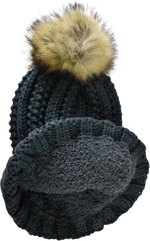 C.C Thick Cable Knit Faux Fuzzy Fur Pom Fleece Lined Skull Cap Cuff Beanie (3 Tone Blue/Purple/Grey) in Kuwait