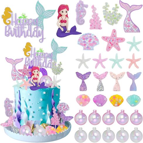 Mermaid Cake Toppers 30pcs Little Figurine Under The Sea Ocean Cake Decor Seaweed Bubble Starfish Shell Tail Cupcake Picks for Princess Birthday Baby Shower in Kuwait