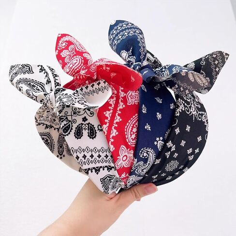 Jseng 4Packs Knotted Headbands for Women, Boho Paisley Pattern Floral Bow Headbands, Cute Bandana Rabbit Ears Headbands Hairband Hair Accessories White, Red, Navy, Black in Saudi Arabia
