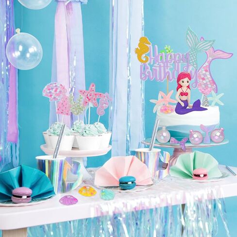 Mermaid Cake Toppers 30pcs Little Figurine Under The Sea Ocean Cake Decor Seaweed Bubble Starfish Shell Tail Cupcake Picks for Princess Birthday Baby Shower in Kuwait