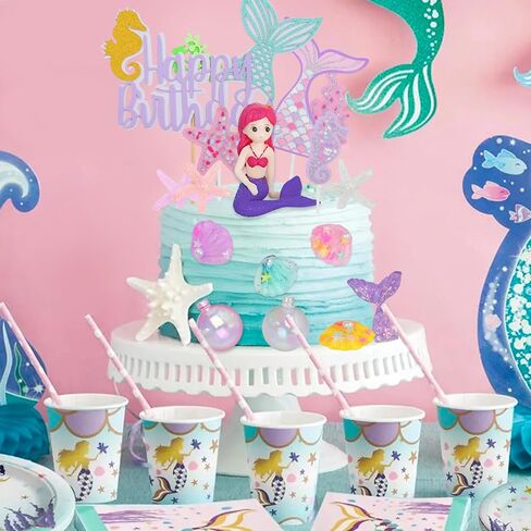 Mermaid Cake Toppers 30pcs Little Figurine Under The Sea Ocean Cake Decor Seaweed Bubble Starfish Shell Tail Cupcake Picks for Princess Birthday Baby Shower in Kuwait