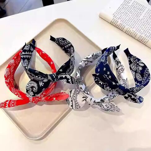 Jseng 4Packs Knotted Headbands for Women, Boho Paisley Pattern Floral Bow Headbands, Cute Bandana Rabbit Ears Headbands Hairband Hair Accessories White, Red, Navy, Black in Saudi Arabia