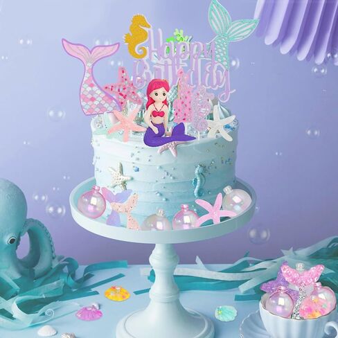 Mermaid Cake Toppers 30pcs Little Figurine Under The Sea Ocean Cake Decor Seaweed Bubble Starfish Shell Tail Cupcake Picks for Princess Birthday Baby Shower in Kuwait