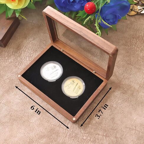 Walnut Wood Challenge Coin Display Case , Coin Box, Acrylic Clear Cover, 2 Slot Design, Compatible with Coins Measuring 17/20/25/27/30/35/40/46mm in Diameter and Less Than 3mm in Thickness in Saudi Arabia