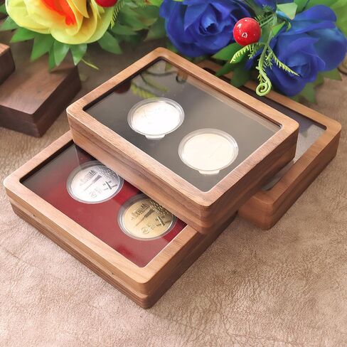 Walnut Wood Challenge Coin Display Case , Coin Box, Acrylic Clear Cover, 2 Slot Design, Compatible with Coins Measuring 17/20/25/27/30/35/40/46mm in Diameter and Less Than 3mm in Thickness in Saudi Arabia
