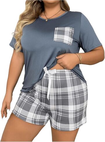 GORGLITTER Women's Plus Size Pajama Set 2 Piece Letter Short Sleeve Shirt Plaid Boxer Shorts Pjs Lounge Sets in Saudi Arabia