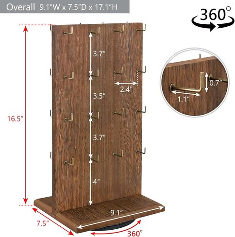 حامل عرض مجوهرات خشبي دوار على الوجهين من Ikee Design، منظم دوار مع 32 خطافًا للمتجر، ديكور منزلي، لون بني، 9 بوصة عرض × 7 1/2 بوصة عمق × 16 1/2 بوصة ارتفاع in Kuwait