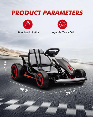 24V Go Kart for Kids من 6 إلى 12 عامًا ، child electric drift go-kart مع وضع الموسيقى ، والانجراف الكهربائي GO CART مع محرك قوي للطفل 6+ سنوات ، و 2 سرعات متوفرة ، حمولة كحد أقصى 110 رطل (أسود 1) in Saudi Arabia