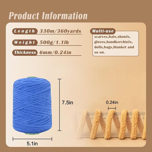 Chunky Chenille Yarn for Crochet 500g DIY Knitting Blanket Amigurumi Hat Scarf Soft Yarn Super Bulky Yarn (1, Blue) in Kuwait