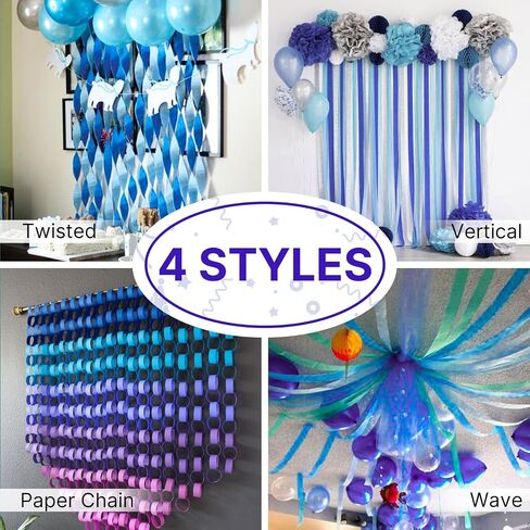 PartyWoo Extra Large Crepe Paper Streamers 3 Rolls 393ft, Pack of Blue Shades Crepe Paper Party Streamers, Crepe Paper for Party Decorations, Baby Shower Decorations (1.8 Inch x 131Ft/Roll) in Saudi Arabia