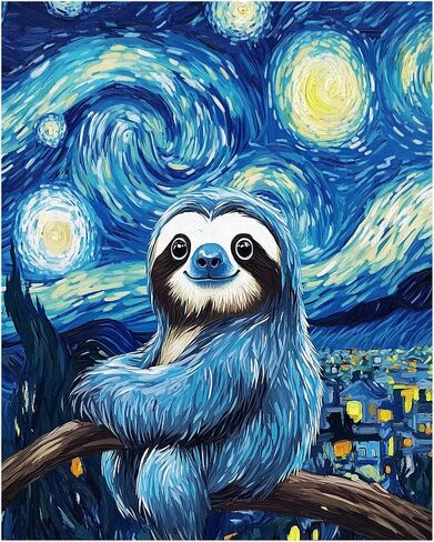 Sloth Sitting on a Tree Trunk Paint by Number Kits for Adults, Starry Night Scenery Paint by Number for Beginner, Funny Animal Acrylic Oil Painting for Gift Home Wall Decor(16×20inch, Unframe) in Kuwait