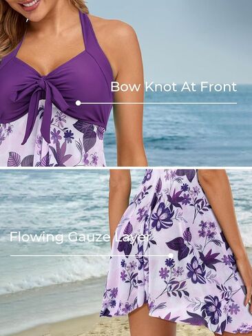MiYang Womens Tankini Swimdress with Boyshorts Two Piece V Neck Bowknot Halter Bathing Suit Dress in Kuwait