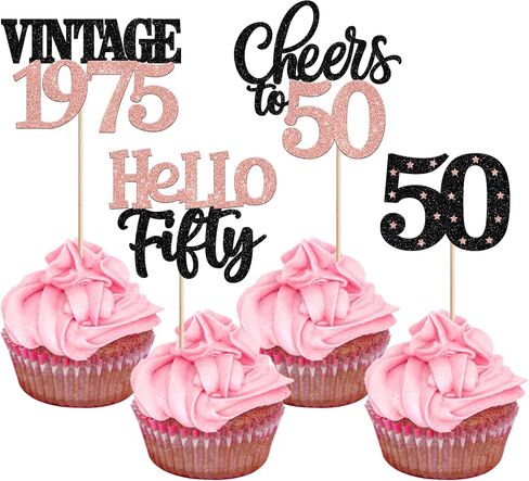 ZHUOWEISM 24 PCS Rose Gold 50th Birthday & Anniversary Cake Toppers - 24 Count - 4.3 inches x 2.6 inches - Celebration Occasion - Gold Color Family - Cupcake Toppers in Saudi Arabia