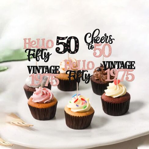 ZHUOWEISM 24 PCS Rose Gold 50th Birthday & Anniversary Cake Toppers - 24 Count - 4.3 inches x 2.6 inches - Celebration Occasion - Gold Color Family - Cupcake Toppers in Saudi Arabia