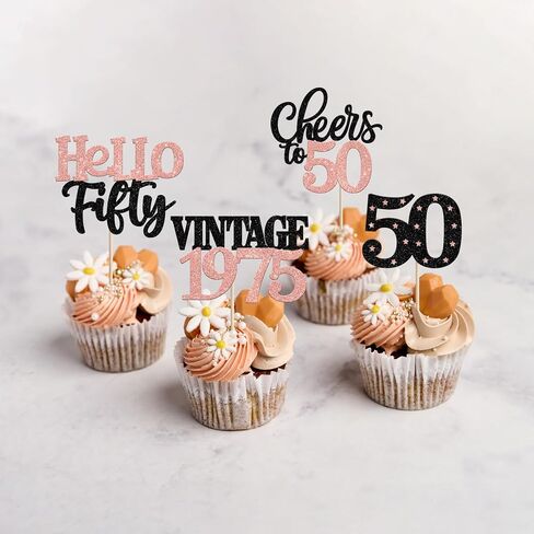 ZHUOWEISM 24 PCS Rose Gold 50th Birthday & Anniversary Cake Toppers - 24 Count - 4.3 inches x 2.6 inches - Celebration Occasion - Gold Color Family - Cupcake Toppers in Saudi Arabia