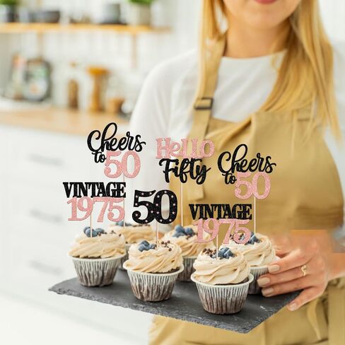 ZHUOWEISM 24 PCS Rose Gold 50th Birthday & Anniversary Cake Toppers - 24 Count - 4.3 inches x 2.6 inches - Celebration Occasion - Gold Color Family - Cupcake Toppers in Saudi Arabia