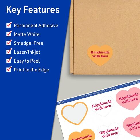 Avery TrueBlock Matte Heart Heart Labels مع تغذية مؤكدة ، 2-9/32 "× 1-27/32" ، و 120 ملصقات بيضاء غير لامعة ، وطباعة إلى الحافة ، والليزر/الحبر القابلة للطباعة ، ومسلسلات رائعة للتغليف وملصقات المنتجات in Kuwait