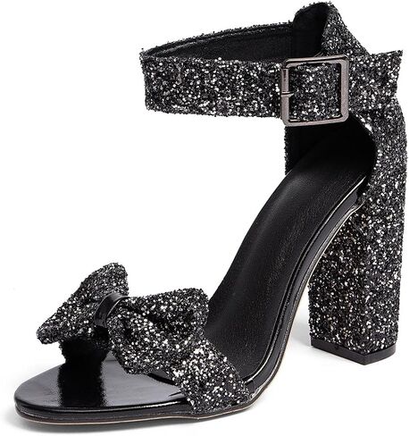GATUXUS Women's Chunky High Heels Sandals Glitter Bow Open Toe Ankle Strap Block Heel Dress Shoes in Kuwait