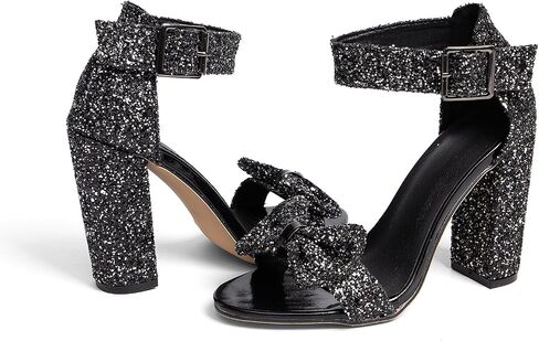 GATUXUS Women's Chunky High Heels Sandals Glitter Bow Open Toe Ankle Strap Block Heel Dress Shoes in Kuwait