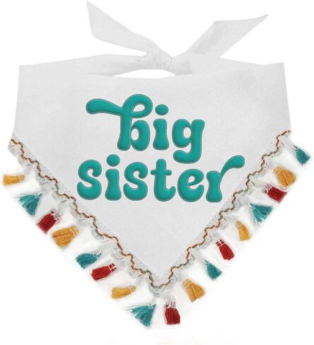 Big Sister Puff Printed Dog Bandana | Multi-Colored Fringe | 100% Cotton Adjustable Triangle | Pregnancy Announcement Photoshoot Prop | New Baby | Gender Reveal |White, Trim 4 (1289) in Kuwait