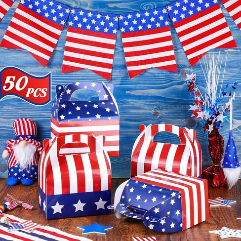 FUUTREO 24 PCS صناديق علاج وطني مع مقبض العلم الأمريكي USA Goodie Boxes استقلال يوم الرابع من يوليو صناديق الحلوى لليوم التذكاري للمحاربين القدامى in Saudi Arabia