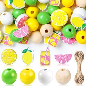 160 PCS Lemon Wooden Beads Beads 16 Mm أصفر وخضراء على شكل الليمون ، حبات الصيف الفاكهة الطبيعية الجولة الطبيعية حبات خشب الليمون مع حبل لصنع DIY Crafts Farmhouse Home Decor