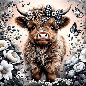 Askkqtx Highland Cow Diamond Art Kits للبالغين ، وأزهار الفراشة مجموعات الطلاء الماس للمبتدئين ، DIY 5D الحفر الكاملة الكريستال راينستون جوهر الفنون ديكور المنزل 14x14 بوصة