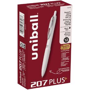 أقلام الهلام السوداء Uniball ، 207 Plus+ Amblable Gel Pens 12 Pack باللون الأسود مع نصائح قلم نقطة 0.7 مم - برميل أبيض