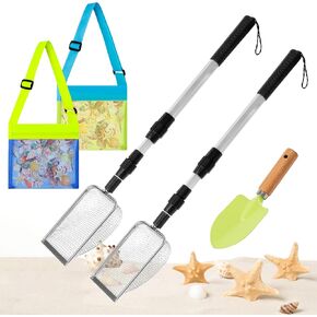 مجموعة Summer Beach Sand Sifter - شاشات رملية قابلة للسحب ، 2 أكياس شبكية صدف ومجرفة معدنية ، أداة مقبض قابلة للتعديل أداة لأسمائها الكبريت لجمع القذائف Shark Shark Treasure Hunting