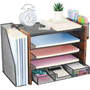 Aupsen Wood Desk منظمو وملحقات مع منظم الملفات ، منظم الورق ذو 5 مستويات مع حامل درج وقلم ، وملحقات مكتب المكتب ، وتخزين سطح المكتب مساحة العمل للمستلزمات المكتبية منظمة