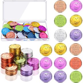 70 PCS تم القبض عليّ كوني عمل عملات جيدة رموز رموز رموز ملونة للمكافأة البلاستيكية الابتسامة الوجه المعدني مع مربع واضح لمكافآت مدرس وحوافز السلوك