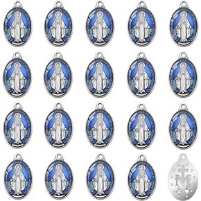 40pcs بيضاوي سبيكة الأزرق المينا الكاثوليكية ميدالا Milagrosa de la Virgen Maria Charm قلادة لـ DIY قلادة السوار المكسيكي صنع المجوهرات