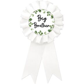 Eucalyptus Big Brother Tinplate Badge Pin, Greenery Brother to Be Pin, White Rosette Happy Birthday Boy Award Ribbon, Natural Baby Shower Party Decoration