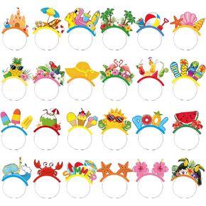 24 Pcs Summer Hawaiian Party Favors Paper Luau Head Boppers Tiki Aloha Boppers Funny Hawaiian Headband Tropical Flamingo Pineapple Palm Tree Summer Beach Party Favors Pool Photo Booth Props