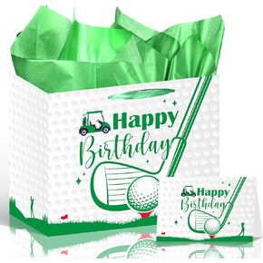 Luvsweets Golf Birthday Gift Bag - Green Gift Wrapping Bag with Tissue Paper and Greeting Card for Men Boys, Golf Party Favors, Sports Themed Birthday Decorations Supplies